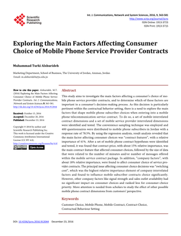 Exploring the Main Factors Affecting Consumer Choice of Mobile Phone Service Provider Contracts