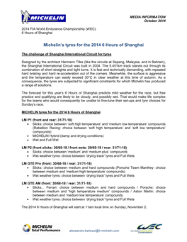 Michelin's Tyres for the 2014 6 Hours of Shanghai