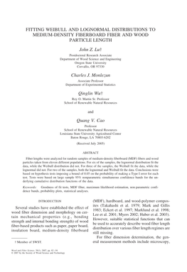 FITTING WEIBULL and LOGNORMAL DISTRIBUTIONS to MEDIUM-DENSITY FIBERBOARD FIBER and WOOD PARTICLE LENGTH John Z