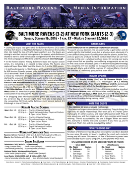 BALTIMORE RAVENS (3-2) at NEW YORK GIANTS (2-3) Sunday, October 16, 2016 • 1 P.M