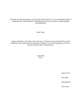 Invited to the Big Dance: Analyzing the Effect a Ncaa Division I Men's Basketball Tournament Appearance Has on Giving at Mid-M