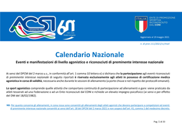 Calendario Nazionale Eventi E Manifestazioni Di Livello Agonistico E Riconosciuti Di Preminente Interesse Nazionale