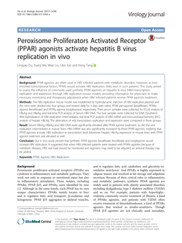 (PPAR) Agonists Activate Hepatitis B Virus Replication in Vivo Lingyao Du, Yuanji Ma, Miao Liu, Libo Yan and Hong Tang*