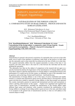 Naturalization of the Foreign Athlete a Comparative Study of Iraqi, Emirati, French and Pjaee, 17 (9) (2020) South Koreanlegislation