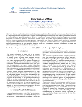 Colonization of Mars Deepak Tehlan1, Rajesh Mattoo2 1Student, Dronacharya College of Engineering, Gurgaon, Haryana, India