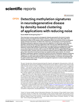 Detecting Methylation Signatures in Neurodegenerative Disease by Density‑Based Clustering of Applications with Reducing Noise Saurav Mallik1 & Zhongming Zhao1,2,3*