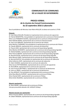 COMMUNAUTE DE COMMUNES DE LA VALLEE DE KAYSERSBERG PROCES-VERBAL De La Réunion Du Conseil Communautaire Du 22 Septembre 2016