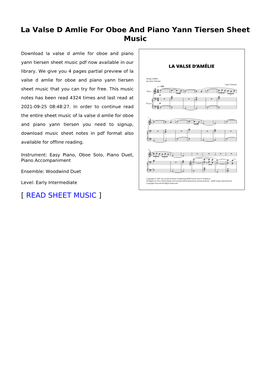 La Valse D Amlie for Oboe and Piano Yann Tiersen Sheet Music