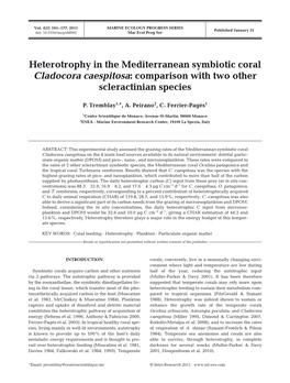 Heterotrophy in the Mediterranean Symbiotic Coral Cladocora Caespitosa: Comparison with Two Other Scleractinian Species