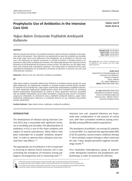 Prophylactic Use of Antibiotics in the Intensive Care Unit Yoğun Bakım