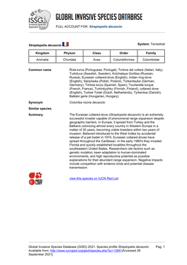 Streptopelia Decaocto Global Invasive Species Database (GISD)