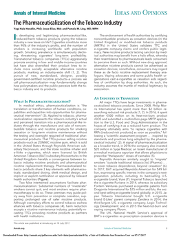 The Pharmaceuticalization of the Tobacco Industry Yogi Hale Hendlin, Phd; Jesse Elias, MA; and Pamela M