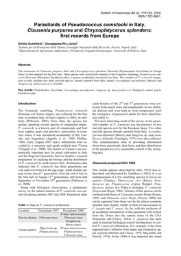 Parasitoids of Pseudococcus Comstocki in Italy. Clausenia Purpurea and Chrysoplatycerus Splendens: First Records from Europe