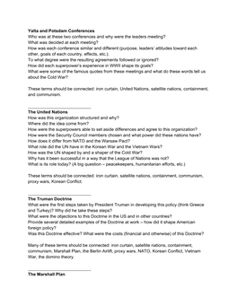 What Was Decided at Each Meeting? How Was Each Conference Similar and Different (Purpose, Leaders’ Attitudes Toward Each Other, Goals of Each Country, Effects, Etc.)