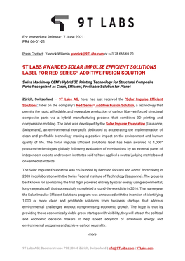 9T Labs Awarded Solar Impulse Efficient Solutions Label for Red Series® Additive Fusion Solution