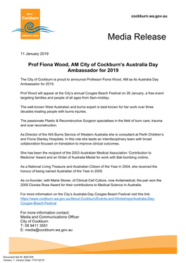 Prof Fiona Wood Cockburn's 2019 Australia Day Ambassador