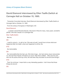 David Diamond Interviewed by Ellen Taaffe Zwilich at Carnegie Hall on October 15, 1995