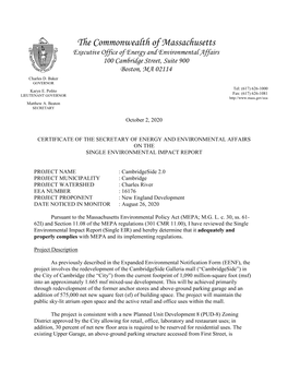 The Commonwealth of Massachusetts Executive Office of Energy and Environmental Affairs 100 Cambridge Street, Suite 900 Boston, MA 02114 Charles D