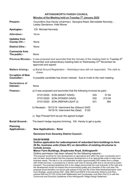 ARTHINGWORTH PARISH COUNCIL Minutes of the Meeting Held on Tuesday 7Th January 2020