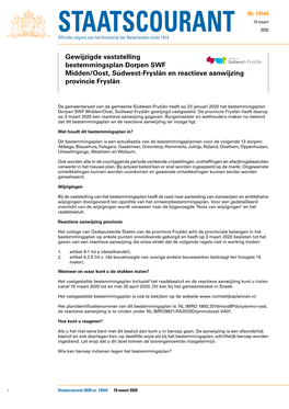 Gewijzigde Vaststelling Bestemmingsplan Dorpen SWF Midden/Oost, Súdwest-Fryslân En Reactieve Aanwijzing Provincie Fryslân