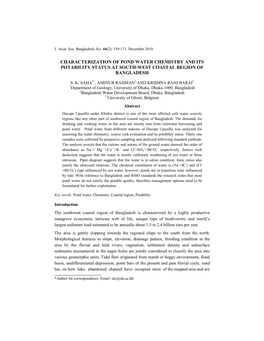 Characterization of Pond Water Chemistry and Its Potability Status at South-West Coastal Region of Bangladesh