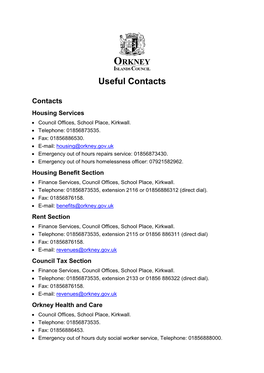 Housing Services Useful Contacts