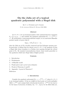 On the Julia Set of a Typical Quadratic Polynomial with a Siegel Disk