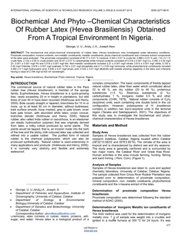 Biochemical and Phyto –Chemical Characteristics of Rubber Latex (Hevea Brasiliensis) Obtained from a Tropical Environment in Nigeria