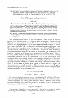 Two New Hydrobiid Snails (Amnicolinae) from Florida and Georgia, with a Discussion of the Biogeography of Freshwater Gastropods of South Georgia Streams