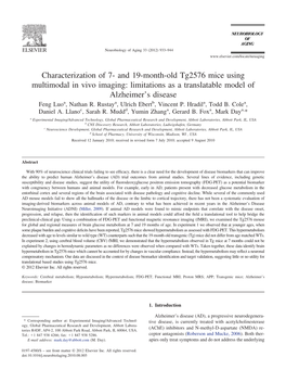 And 19-Month-Old Tg2576 Mice Using Multimodal in Vivo Imaging: Limitations As a Translatable Model of Alzheimer’S Disease Feng Luoa, Nathan R