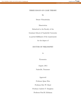 THREE ESSAYS on GAME THEORY by Demet Yilmazkuday Dissertation