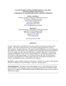 Payoff Externalities, Informational Cascades and Managerial Incentives: a Theoretical Framework for It Adoption Herding