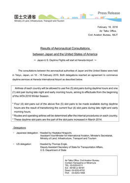 Results of Aeronautical Consultations Between Japan and the United States of America