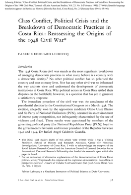 Class Conflict, Political Crisis and the Breakdown of Democratic Practices in Costa Rica: Reassessing the Origins of the 1948 Civil War*