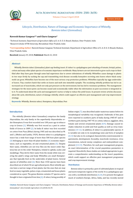 Lifecycle, Distribution, Nature of Damage and Economic Importance of Whitefly, Raveesh Kumar Gangwar1* and Charu Gangwar2