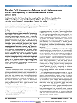 Silencing Pinx1 Compromises Telomere Length Maintenance As Well As Tumorigenicity in Telomerase-Positive Human Cancer Cells