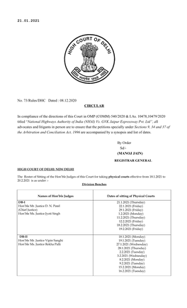 21.01.2021 No. 73/Rules/DHC Dated : 08.12.2020 CIRCULAR in Compliance of the Directions of This Court in OMP (COMM) 540/202