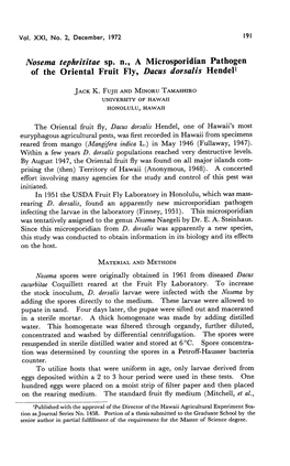 Nosema Tephrititae Sp. N., a Microsporidian Pathogen of the Oriental Fruit Fly, Dacus Dorsalis Hendel1