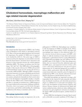 Cholesterol Homeostasis, Macrophage Malfunction and Age-Related Macular Degeneration