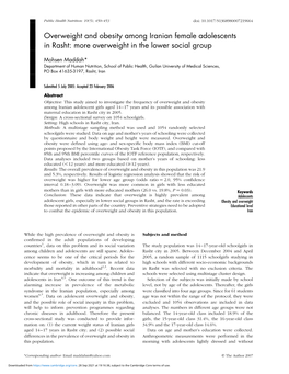 Overweight and Obesity Among Iranian Female Adolescents in Rasht: More Overweight in the Lower Social Group