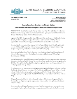 Council Confirms Directors for Navajo Nation Environmental Protection Agency and Division of Transportation