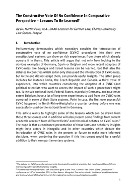 The Constructive Vote of No Confidence in Comparative Perspective – Lessons to Be Learned? by Dr