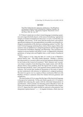 That Most Subtle Question (Quaestio Subtilissima): the Metaphysi- Cal Bearing of Medieval and Contemporary Linguistic Disputes