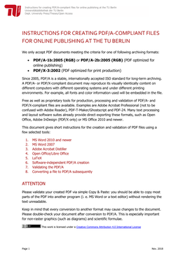 Instructions for Creating PDF/A-Compliant Files for Online Publishing at the TU Berlin Universitätsbibliothek Der TU Berlin Dept