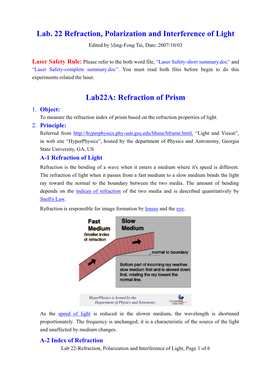 Lab. 22 Refraction, Polarization and Interference of Light Lab22a