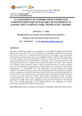 An Assessment of Support Zone Community Participation for Sustainable Development in Kainji Lake National Park, Niger State, Nigeria