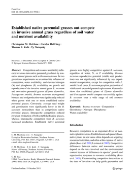 Established Native Perennial Grasses Out-Compete an Invasive Annual Grass Regardless of Soil Water and Nutrient Availability