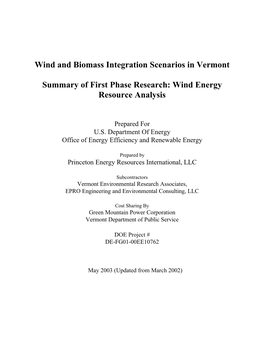 Wind and Biomass Integration Scenarios in Vermont Summary Of