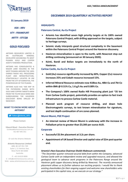 31 January 2019 ASX : ARV ATY : FRANKFURT ARTTF