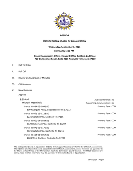 Metro Nashville Board of Equalization Meeting Agenda, September 1, 2021